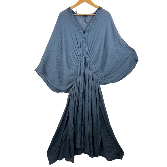 Zara Dresses & Skirts - Zara blue kaftan maxi cotton with ruffle gauzy boho beach‎ oversized sz S